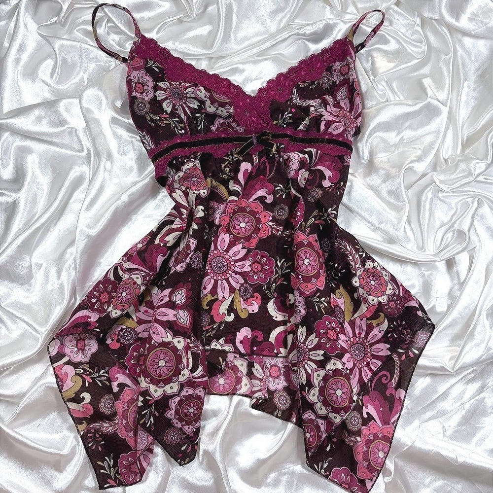 y2k Self Esteem Floral Mesh Cami Top Pink Lace Trim Handkerchief Hem